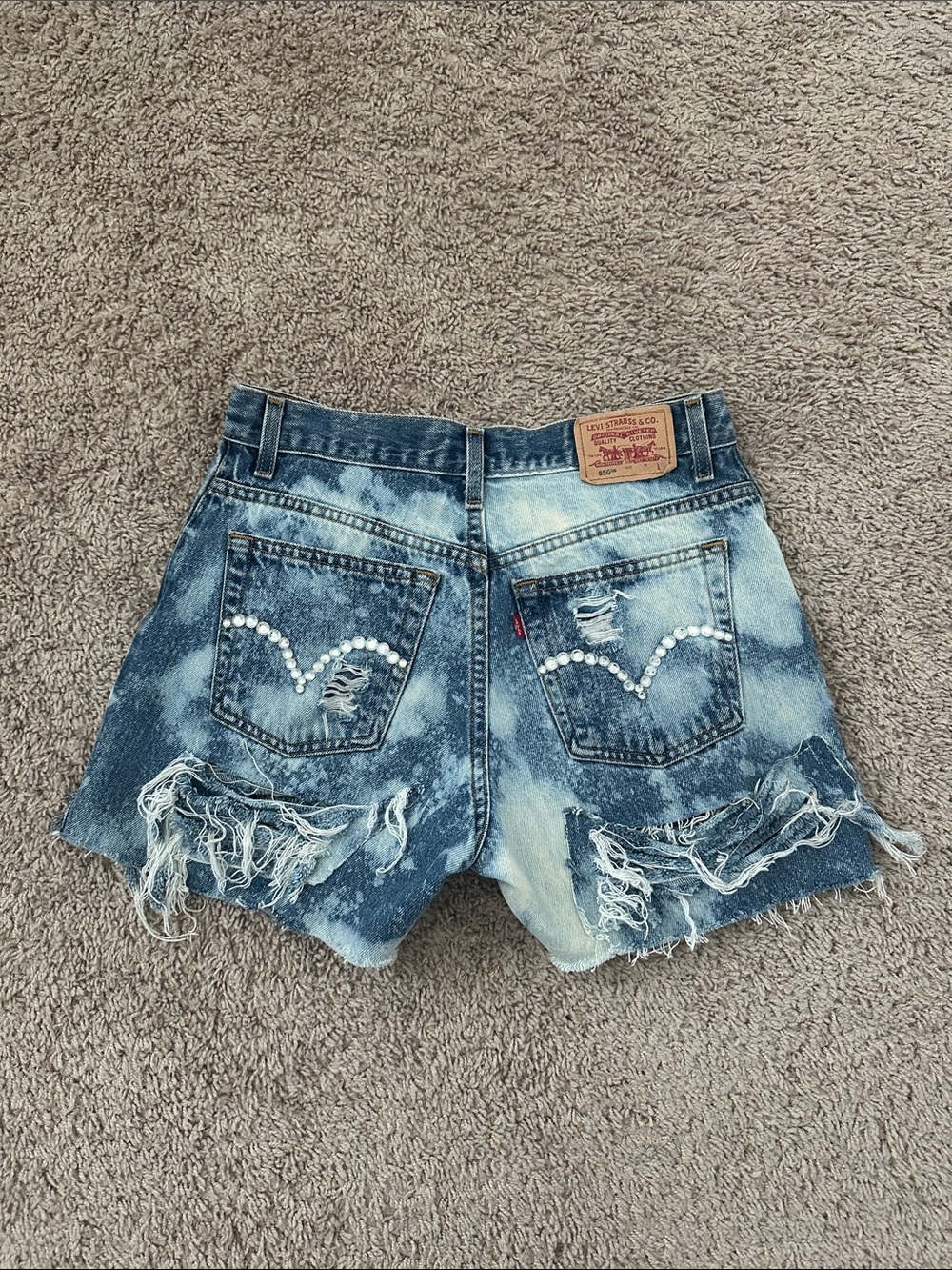Reconstructed Levi's 550 Denim Shorts|Bleached, Distressed & Embellished Blue